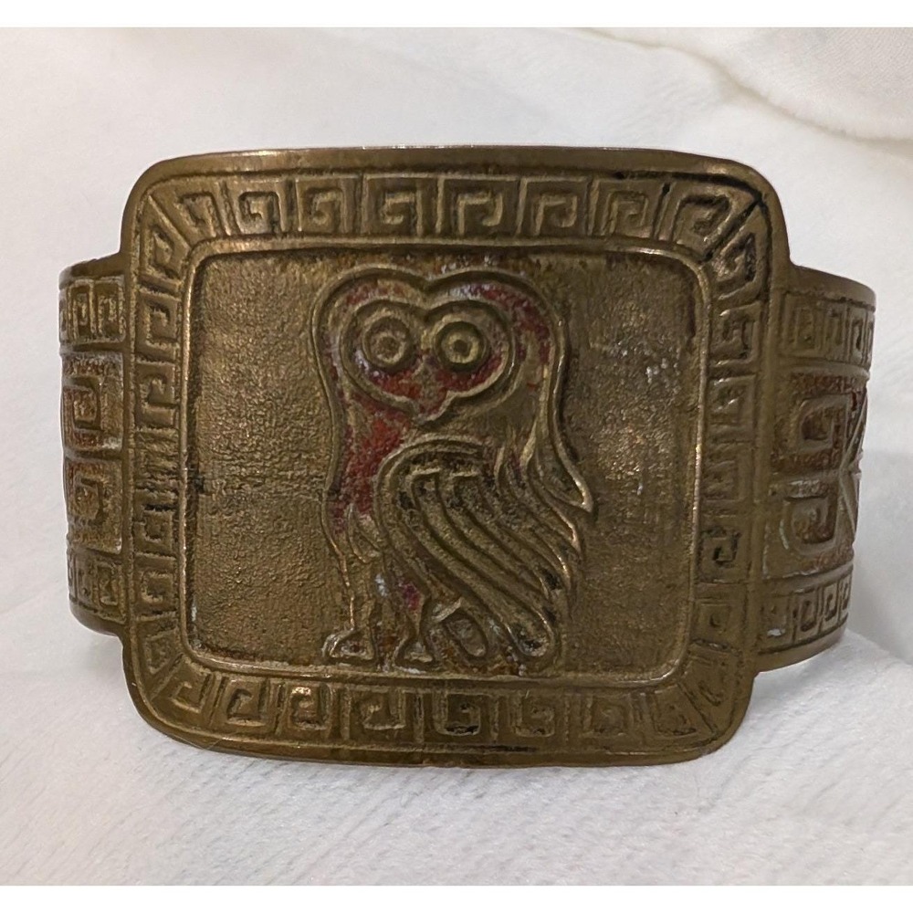 Vintage Brass Owl Cuff Bracelet Greek Key Embossed Boho Statement India Bangle